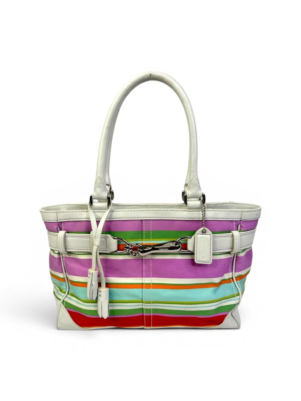 Vintage Y2K Coach Hamptons Multicolor Stripe Canvas Tote W/ White Leather Trim